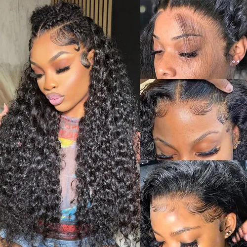 Vista 10 de Wingirl - Pelucas de cabello humano con encaje frontal HD de 13 x 4 pulgadas, prearrancadas con abuelitos 180 Density Brazilian Deep Wave Frontal
