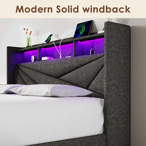 Vista 4 de Driftalia Base de cama de tamaño completo con cabecera de almacenamiento de 2 niveles, base de cama de tamaño completo tapizada con 2 cajones