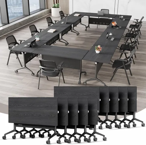 Vista 17 de Mesa de conferencias plegable, mesa modular moderna para sala de conferencias con ruedas para 8-16 personas, mesas de entrenamiento plegables