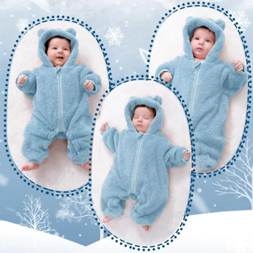 Vista 5 de AiWMGL Traje de oso para bebé recién nacido, traje de forro polar con capucha para invierno Azul