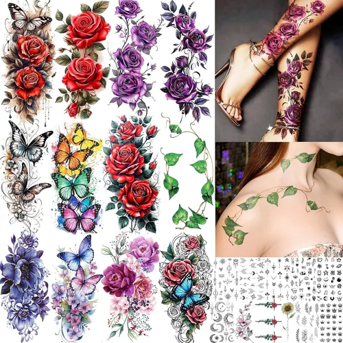 Vista 19 de 15 hojas de tatuajes temporales de colibrí de acuarela 3D de FANRUI para mujeres y niñas, pequeño, multicolor, colibrí, tatuaje, temporal, colorido
