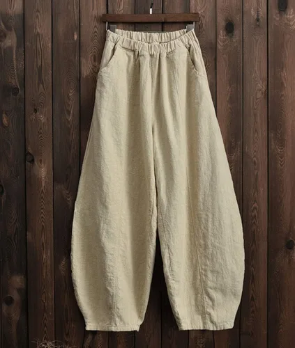 Vista 6 de IXIMO - Pantalones de lino y algodón holgados para mujer, con cintura elástica y ajuste relajado, estilo harén