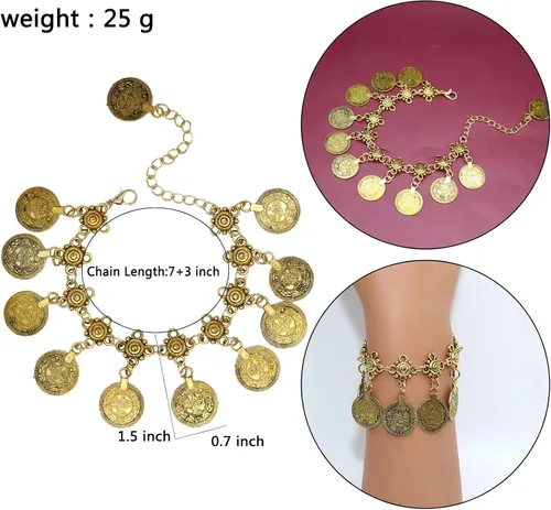 Vista 3 de FUAHXYES Pulseras encantadoras de monedas bohemias vintage de verano ajustables con borlas para la playa, tobilleras de cadena descalza para mujeres