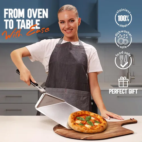 Vista 2 de KitchenStar Pala de pizza de metal de 12 pulgadas con mango plegable, paleta de espátula de acero inoxidable para transferencia de pizza sin
