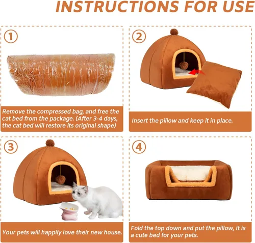 Vista 4 de Cama tipo cueva para gatos de interior, cama de tienda de campaña para gatos con almohada acolchada extraíble lavable, camas para gatitos 2 en 1