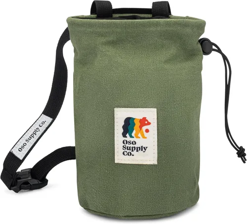 Vista 4 de Oso Supply Co - Bolsa de tiza de lona encerada para escalada en roca, cubo de tiza para escalada en roca con cinturón, impermeable, bolsillo