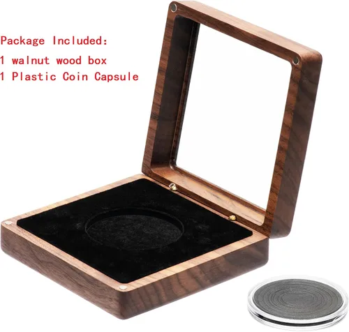 Vista 2 de Caja de presentación de monedas de madera de nogal individual con tapa transparente y cápsulas de monedas de plástico con junta ajustable