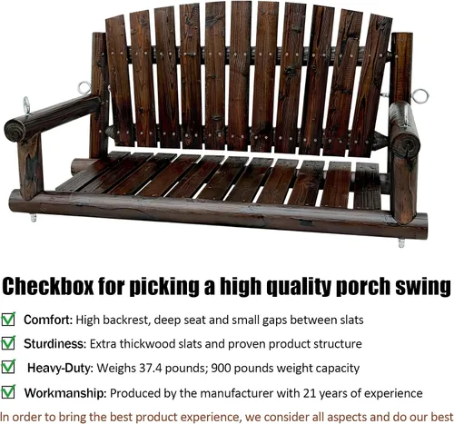 Vista 4 de 3.5 FT Rustic Log Wooden Porch Swing, Heavy-Duty 900 LBS, Outdoor Hanging Bench for Patio, Garden, Yard – Solid Fir Wood, Handcrafted