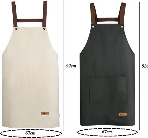 Vista 2 de Delantal de cocina repelente al agua, unisex, con bolsillos, para limpieza, restaurante, camarero, trabajo, delantal, blanco y negro