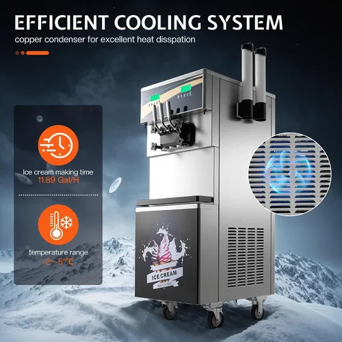 Vista 7 de Jocisland Máquina de helado suave comercial de 45L/H, máquina de helado de 3 sabores de 2900 W, compresores duales, cilindro de acero inoxidable