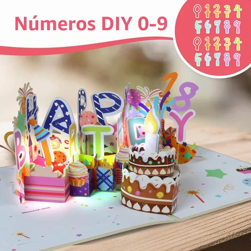 Vista 3 de Tarjeta de Cumpleaños Musical 3D, Vela de Luz LED Soplable, Tarjetas de 3D de Cumpleaños Emergentes con Números DIY 0-9, Vela de Luz LED Soplable