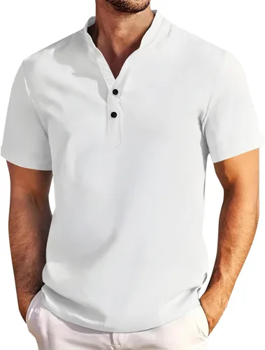 Vista 13 de Camisa de lino para hombre, manga larga, Henley, casual, verano, grande, alta, algodón, ligera, para negocios, trabajo, vacaciones, crucero