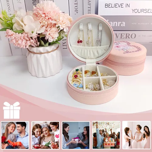Vista 6 de Joyero de viaje portátil de viaje personalizado con flores rosas para collares, aretes, anillos, organizador de cajas de almacenamiento, accesorios