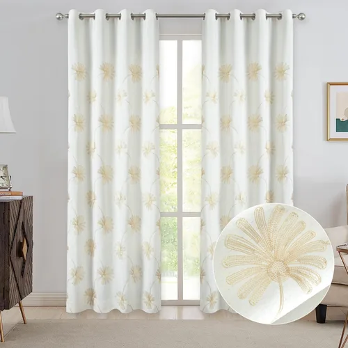 Vista 31 de VOGOL - Cortinas con ojales bordadas con patrón floral elegante de lino sintético, 2 paneles, 60% opacas con aislamiento térmico, cortinas pesadas