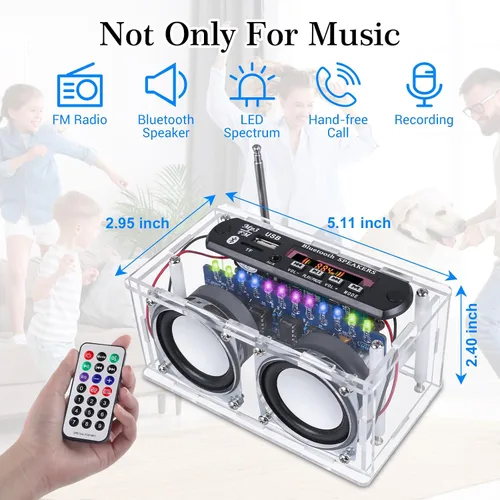 Vista 5 de Kit de altavoces compatible con Bluetooth, función de grabación, kit de práctica de soldadura de radio FM con espectro LED, soporte