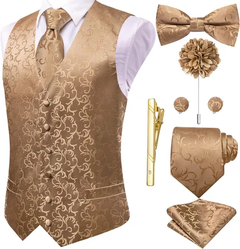 Vista 38 de Hi-Tie Chaleco de traje de seda para hombre, corbata y corbatín de solapa, clip de corbata dorado, chaleco floral de cachemira, 8 piezas, conjunto