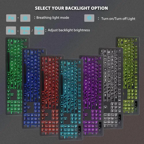 Vista 5 de Combo de teclado y mouse inalámbricos de impresión grande retroiluminada, teclados de tamaño completo de 2.4 G con teclas grandes iluminadas, teclas