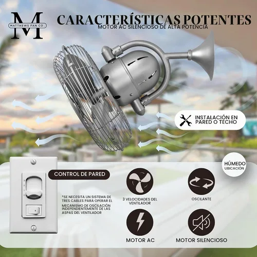 Vista 5 de Matthews KC-BN - Kaye Brushed Nickel Ventilador de pared para exterior de 13" con control de pared, KC-BN, 47watts, 110 volts