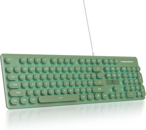 Vista 11 de Teclado de máquina de escribir retro con cable, teclado silencioso de computadora iluminado con 104 teclas redondas de tamaño completo, Azul