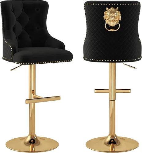 Vista 22 de Juego de 2 taburetes de bar de terciopelo, altura ajustable, base de metal dorado, beige Diseño de cabeza de clavo, función giratoria, ideal