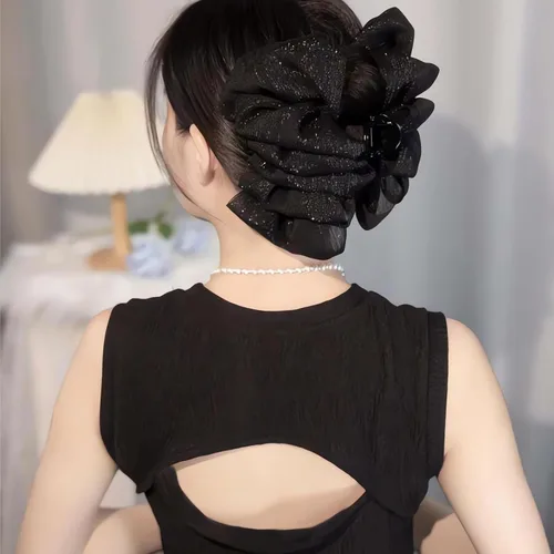 Vista 5 de Clip de pasador francés de satén sedoso con lazo grande para mujer, lazo de seda de gasa, clips de burbujas en capas de tul esponjoso, accesorios