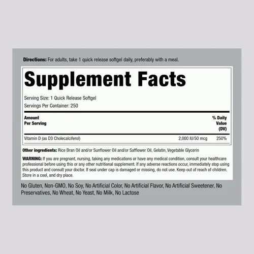 Vista 2 de Piping Rock Vitamina D3 2000 UI 250 cápsulas blandas Alta potencia Suplemento colecalciferol Sin OMG, sin gluten
