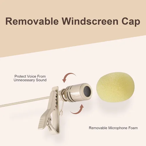 Vista 3 de Phenyx Pro Combo de micrófono de solapa y auriculares Lavalier beige con mini conector XLR, clip manos libres, auriculares flexibles con cable