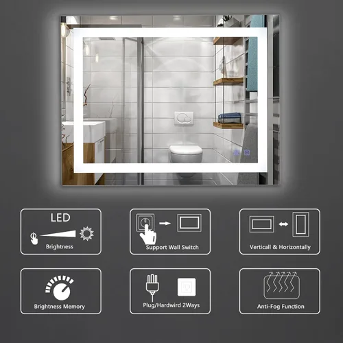 Vista 3 de Bonnlo Espejo de baño LED antiempañador de 32 "24" con luces táctiles/regulables