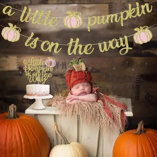 Vista 2 de Cartel dorado con purpurina de una pequeña calabaza y decoración para tartas, decoraciones de baby shower para niñas, suministros de fiesta