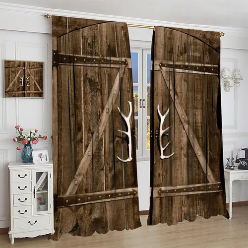 Vista 4 de Cortinas rústicas occidentales marrones con patrón de cornamenta para puerta, con bolsillo para barra, cortinas de ventana para dormitorio, sala