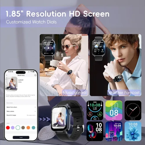 Vista 6 de Reloj inteligente para hombres y mujeres, contestar/hacer llamadas, monitor de fitness HD de 1.85 pulgadas con frecuencia cardíaca 24/7 y monitor