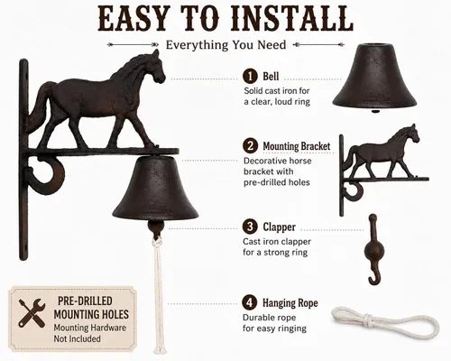 Vista 4 de Campana de cena de caballo, campana de hierro fundido para montar en la pared con adorno para caballo, decoración rústica de granero ecuestre