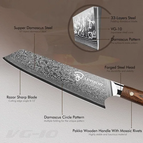 Vista 3 de Cuchillo de chef de damasco hecho a mano de 8 pulgadas con mango de madera de Pakka Cortes de precisión antioxidantes, maniobrables ligeros