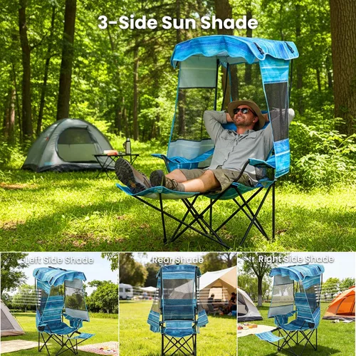 Vista 5 de ABORON Silla de camping con toldo, silla de playa plegable con sombra, silla portátil para exteriores con portavasos y bolsa refrigeradora