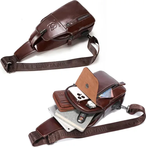 Vista 5 de BULLCAPTAIN Bolso bandolera de cuero genuino para hombre, mochila cruzada para senderismo, casual, bolsa de hombro con puerto de carga USB