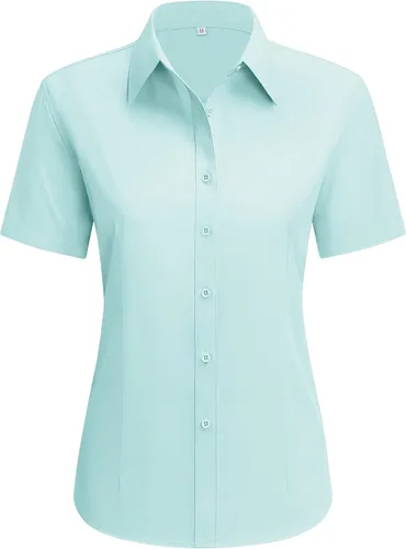 Vista 24 de siliteelon Camisas de vestir para mujer, de manga corta, de algodón, camisa con botones abajo, camisa básica con botones arriba, camisas con cuello