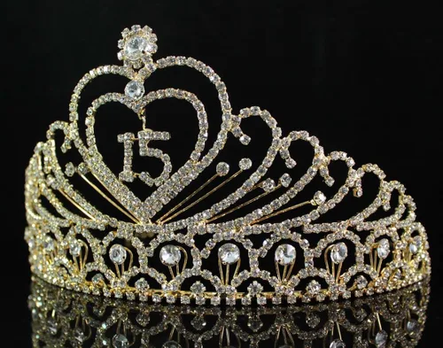 Vista 10 de Quinceañera Sweet 15 Quinceañera Fiesta de 15 Cumpleaños coronas de quinceañeras Corona de tiara de diamantes de imitación austríacos blanco claro