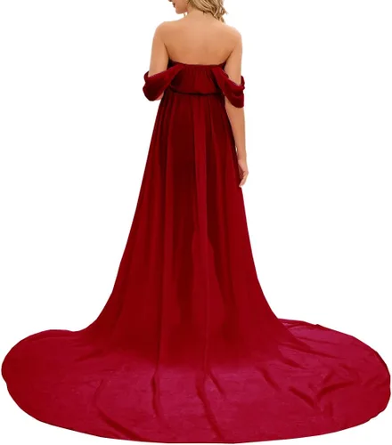 Vista 5 de ZIUMUDY Vestido largo de gasa de maternidad para sesión de fotos, fotografía con hombros descubiertos, vestido de gasa transparente envuelto