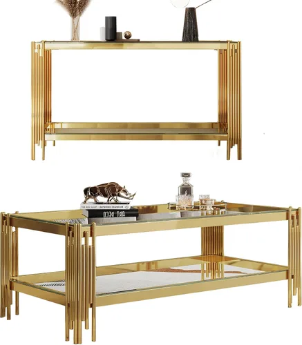 Vista 37 de Mesa auxiliar rectangular de vidrio de 48 pulgadas, mesa de centro de 2 niveles con parte superior de vidrio templado negro, patas de acero
