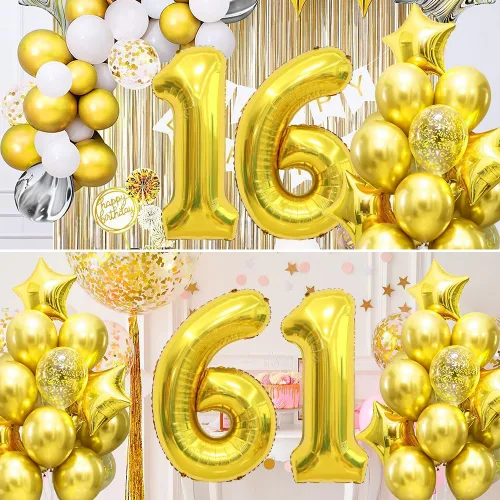 Vista 4 de Globos dorados de 40 pulgadas con números y letras del número 16, decoraciones de cumpleaños de 16 para niños, globos del número 6 y 1 incluidos Oro