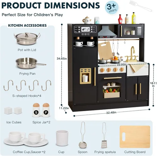 Vista 9 de Cocina de Juego para Niños, Juego de Cocina de Madera con Accesorios Realistas, Cocina de Lujo para Niños Pequeños, Campana Extractora