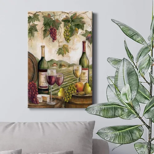Vista 4 de Renditions Gallery Arte de pared de viñedo, decoración de vino rojo y blanco, queso y uvas, arte escénico para cocina o comedor, lienzo de alta