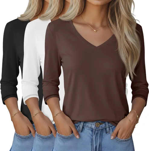 Vista 30 de Ficerd Paquete de 3 camisetas de manga 3/4 para mujer, cuello en V, blusas holgadas, blusas casuales, ropa de moda 2026