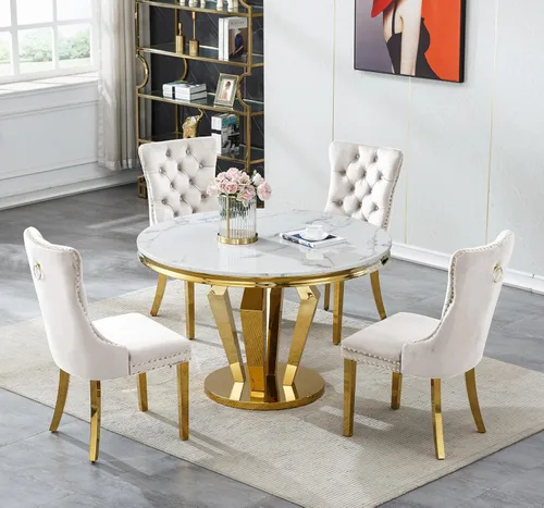 Vista 45 de Juego de mesa de comedor de mármol sintético de oro blanco de 47 pulgadas para 2, juego de mesa de comedor de cocina de 3 piezas, juego de mesa