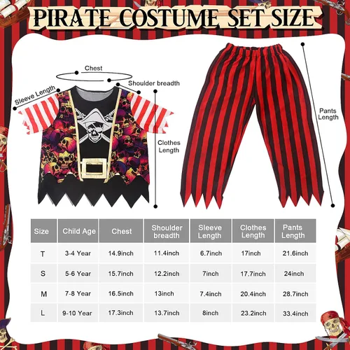 Vista 6 de FUNCREVITY Disfraz de pirata para niños, abrigo, pantalones, sombrero con accesorios, juego de lujo para fiesta pirata, cosplay de pirata