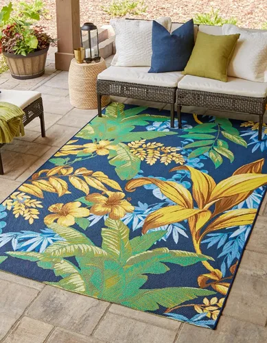 Vista 14 de Unique Loom Outdoor Botanical Collection - Alfombra de área Calypso (4 pies 1 pulgada octágono multi/azul claro)