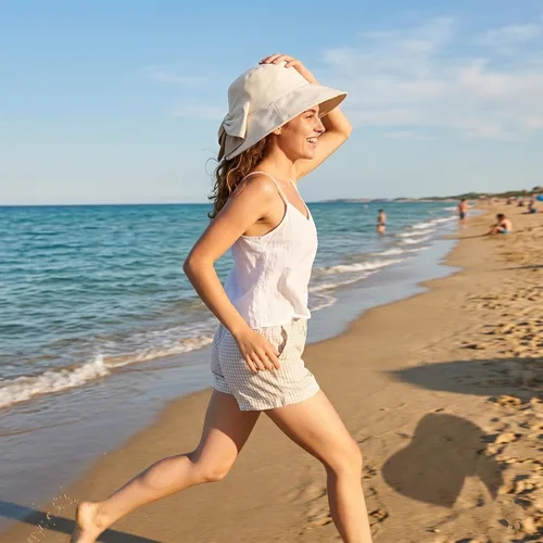 Vista 4 de Sombrero de sol de ala ancha para mujer, sombrero de pescador para exteriores con protección UV Beige