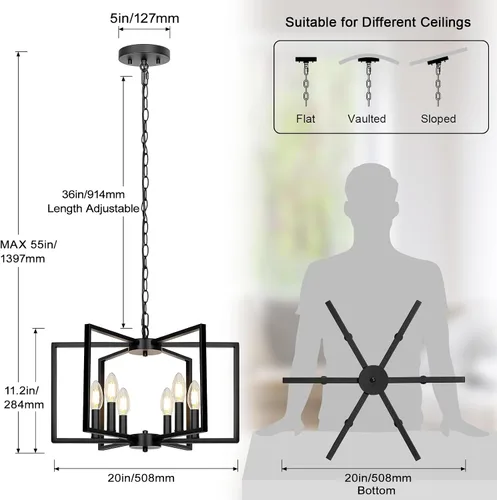 Vista 2 de Candelabro negro de granja, lámpara geométrica de 6 luces para comedor, moderna lámpara de techo industrial de metal, luces colgantes rústicas