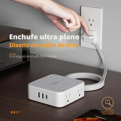 Vista 2 de TESSAN - Tira de alimentación con protector de sobretensiones, cable de extensión plano de 5 pies con 8 salidas de CA, 3 puertos USB (1 USB C), Gris