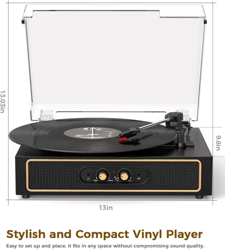 Vista 10 de Tocadiscos retro Bluetooth con altavoces integrados, tocadiscos de 3 velocidades por correa, control de graves y agudos, reproductor de vinilo Negro